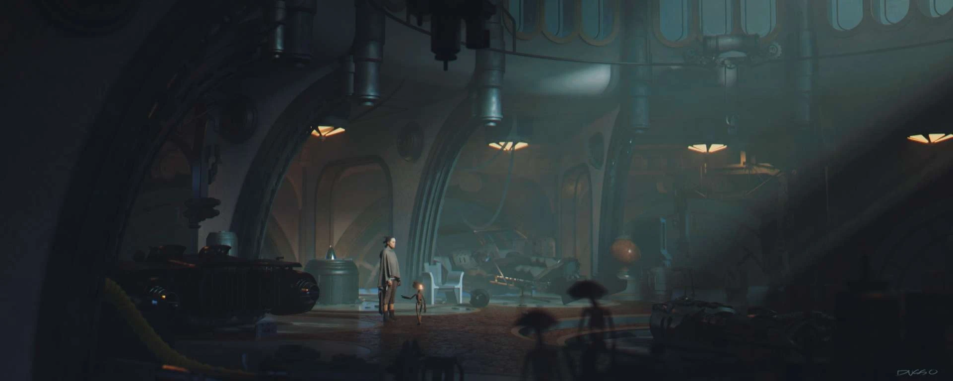 Star Wars scene with Rey, concept art from Dusso