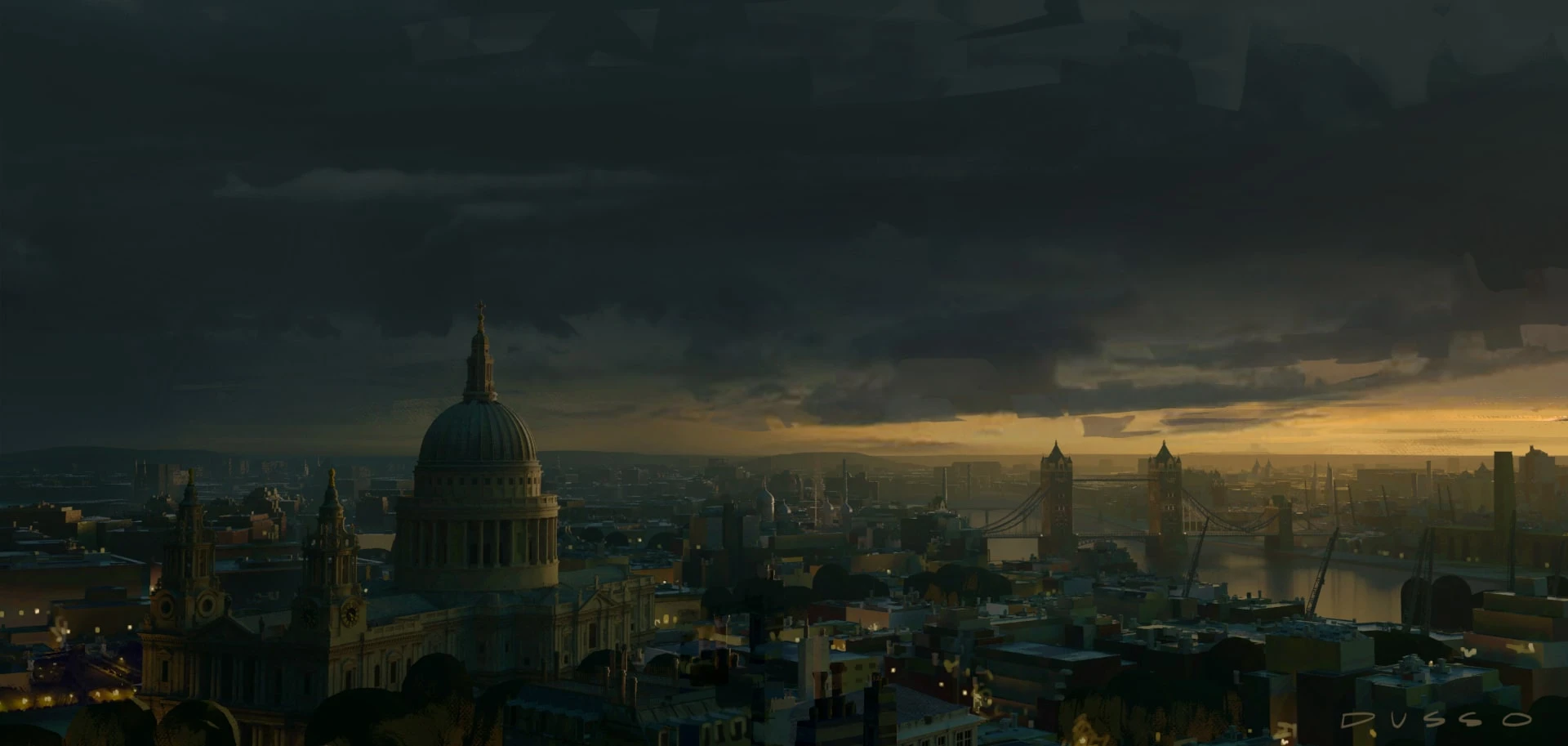 London cloudy dar view, concept art from raynault vfx