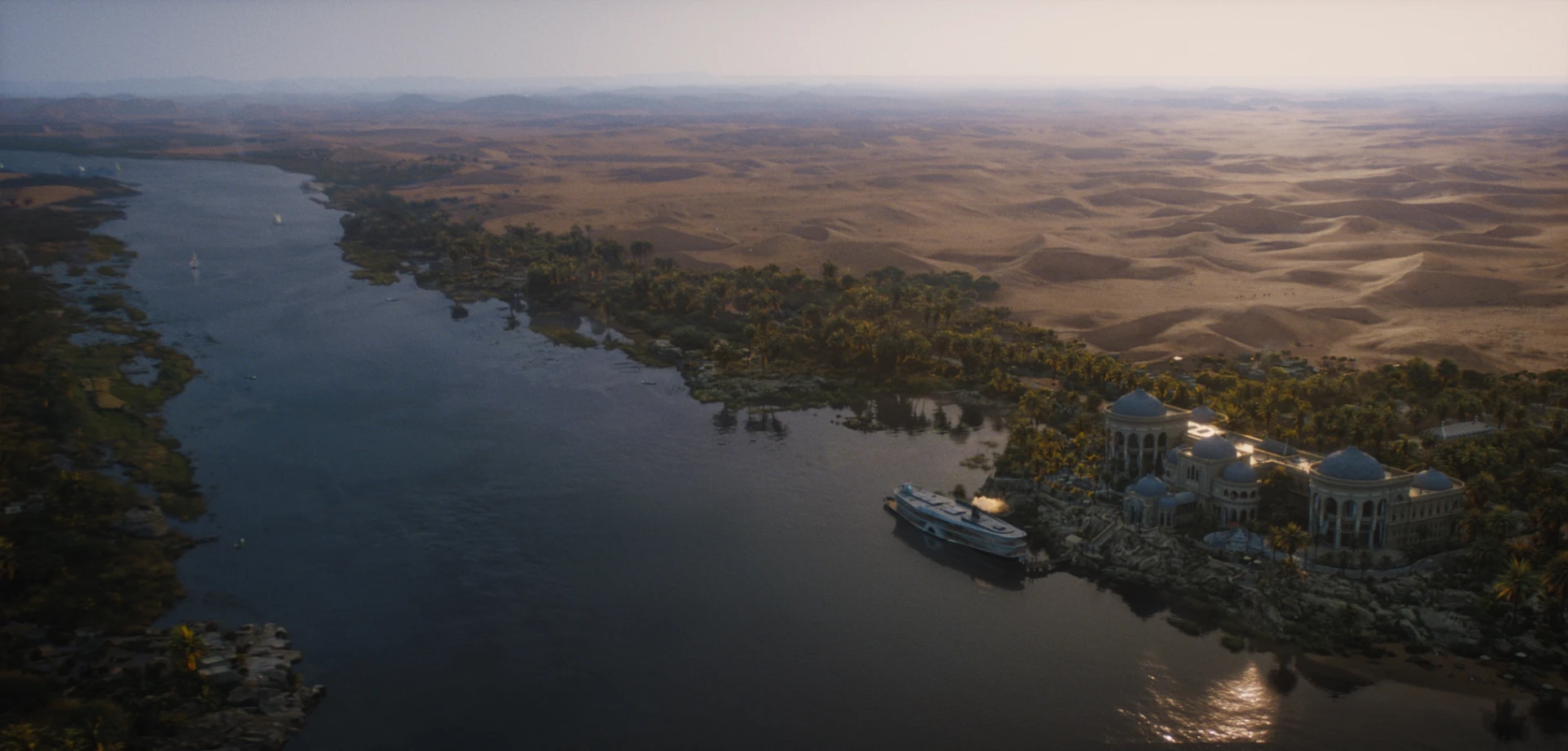 Death on the Nile palace aerial river view with palace Raynault vfx